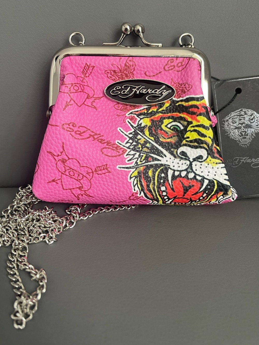 Ed Hardy Pink Tiger Print Kiss-Lock Wristlet Clutch Purse